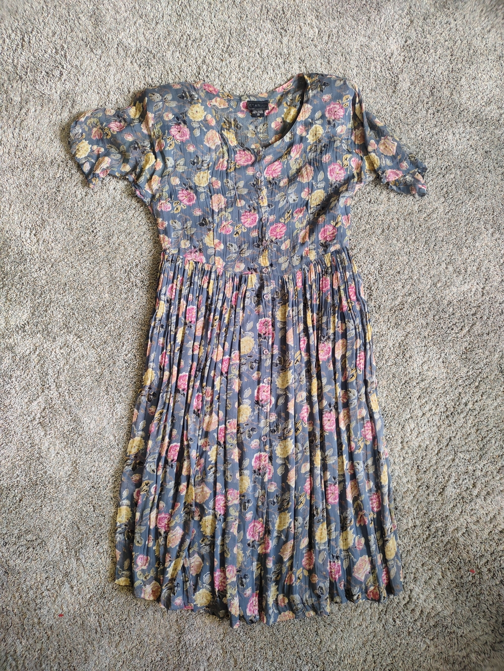 Starina Floral Midi Dress in Slate Blue with Pink & Yellow Blooms
